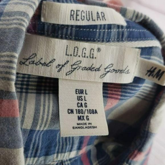 H&M L.O.G.G. Shirt Plaid Long Sleeve Button Up Large Blue Red - Picture 6 of 6